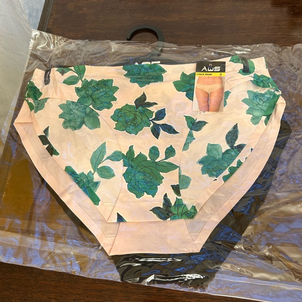 AQS Small 3 Pack Green & Pink Rose Print Floral Bikini Panties Underwear NWT